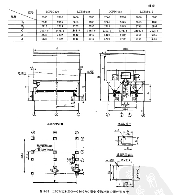 LPCM128-2000~256-2700型側(cè)噴脈沖除塵器外形尺寸