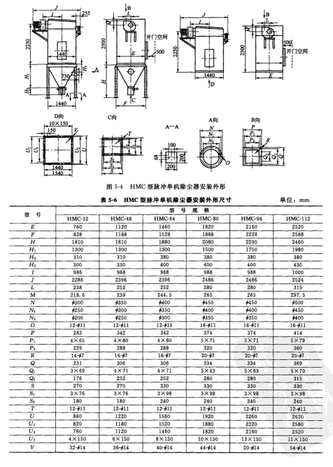 HMC型脈沖單機除塵器安裝外形